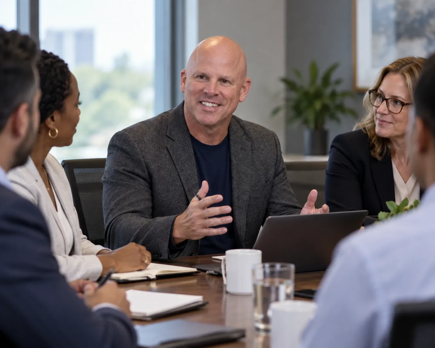 Damon Wells in conversation with a leadership team around a boardroom table.