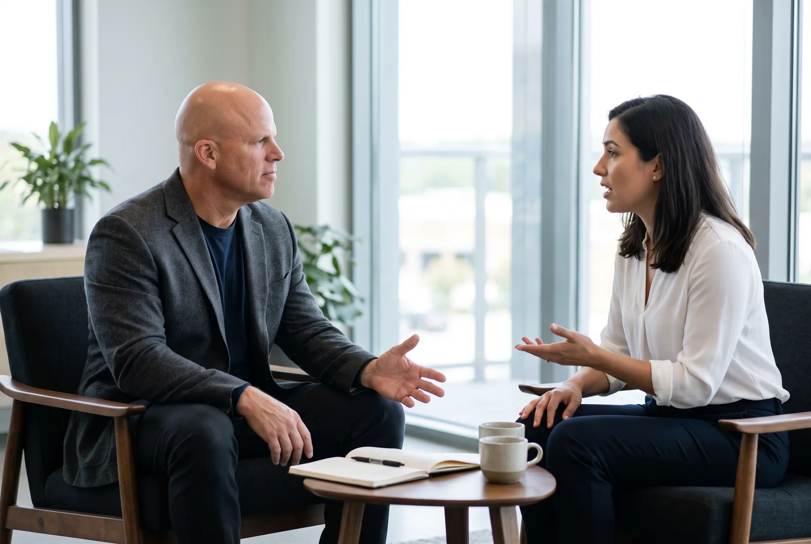 Damon Wells sitting in a low chair facing one other person, both mid-conversation. A low table between them holds an open notebook, a pen and a coffee cup. A window fills the wall behind.