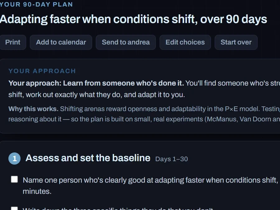 The app's 90-day plan screen, showing the plan title and its action row.