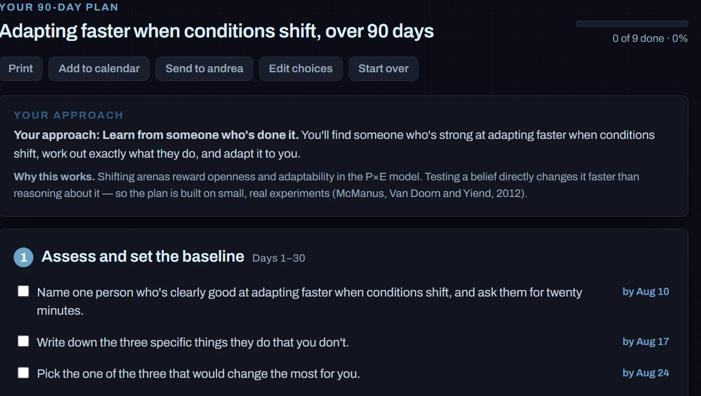The app a leader uses, open on a 90-day plan. A named goal, a count of actions done, and a first stage of three dated items to check off.