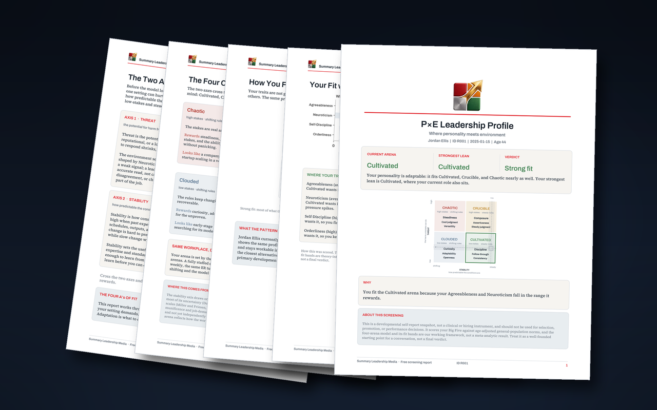 A personalized P×E Leadership Profile shown across five report pages