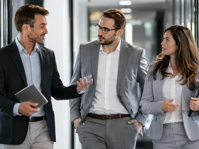 Three managers talking as they walk through an office.