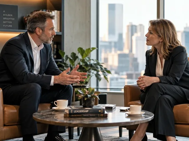 Two people in a one-to-one conversation in an office seating area.